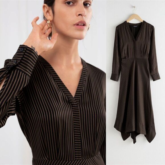 & Other Stories Womens Size 4  Stripe Satin Asymmetrical Handkerchief Midi Dress - Picture 16 of 16